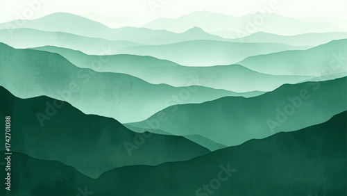 Minimalist landscape with layered green mountain silhouettes fading into a misty horizon. Smooth gradient tones create depth and calm atmosphere, perfect for nature, travel, or eco design themes.