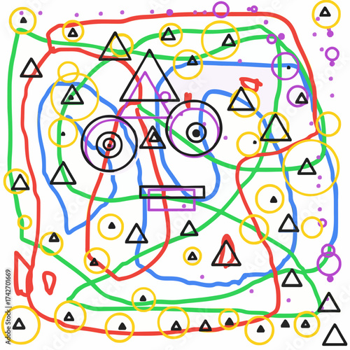 Colorful Abstract Geometric Doodle Face Art – Hand-drawn Style 
