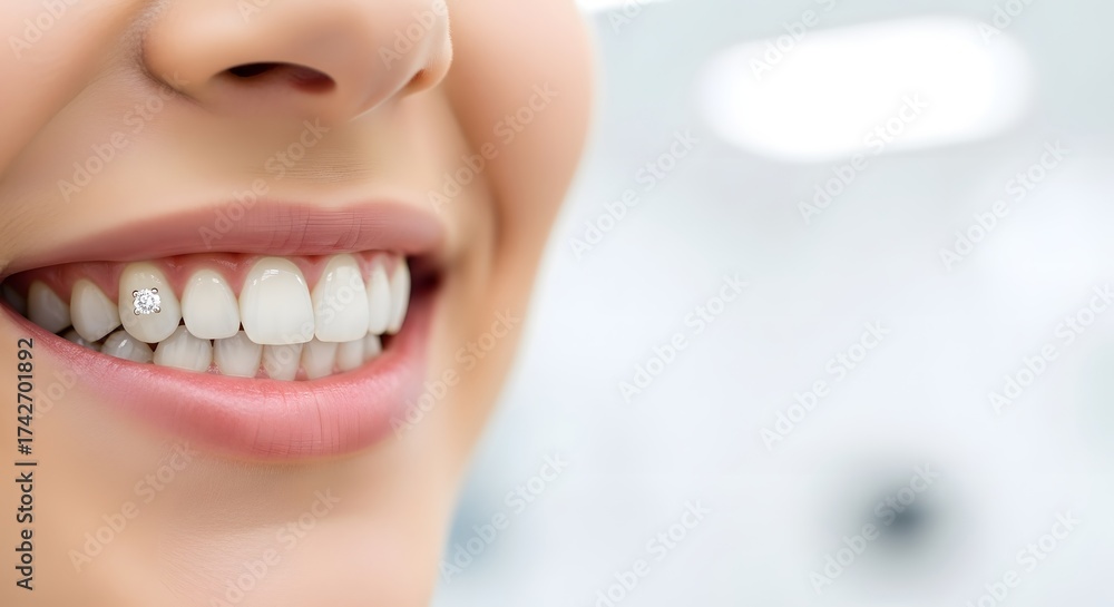 Fototapeta premium Smiling woman with crystal tooth jewelry displaying dental fashion and oral beauty