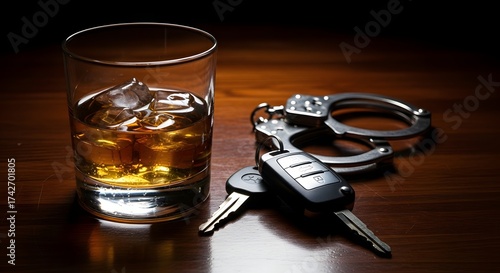 Safe driving reminder with whiskey glass, car keys, and handcuffs on wooden table