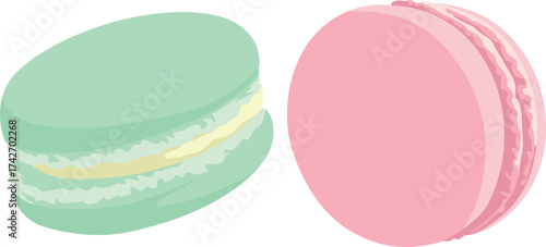 Two colorful macarons, one mint green and one pink, are displayed side-by-side on a white background.