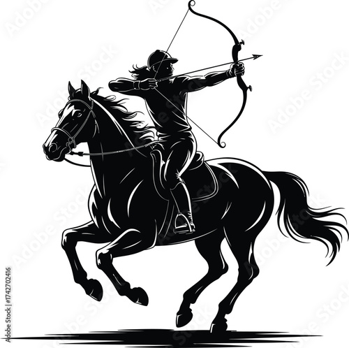 Silhouette of a Woman Arching Her Back While Riding a Horse and Shooting a Bow and Arrow archery horse riding