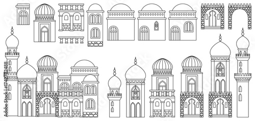 Set of stylized ancient Middle Eastern buildings in line art style. Perfect for games, travel guides, architecture projects, or historical infographics. Hand drawn vector illustration