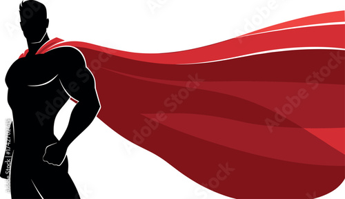 Superhero silhouette with red cape, powerful pose vector illustration, dramatic black figure on white background, dynamic motion design for comics and storytelling