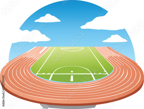 Illustration of a Track and Field Stadium Under a Blue Sky with Clouds, Ready for Competitions
