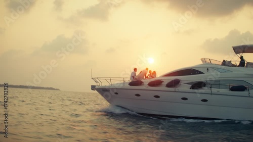 Friends relax on a luxury yacht, cruising across the calm ocean as the golden sun sets. Enjoying a tranquil and picturesque maritime adventure during a beautiful sunset.