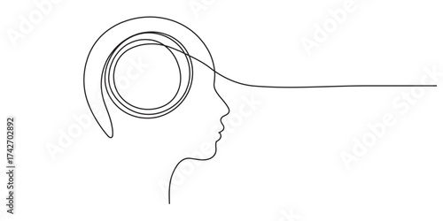 Head with a thought order line, continuous line drawing. Mental health concept. Editable line, vector illustration, isolated on white.