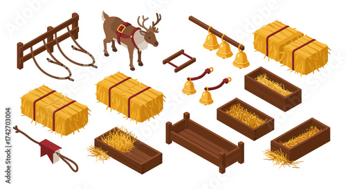 Isometric reindeer with hay bales, wooden sled, and christmas bells