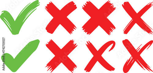 Two green check marks and six red crosses on a white background vector illustration