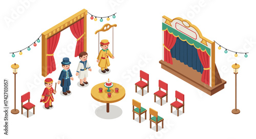 Isometric puppet theater scene with colorful stage and audience chairs