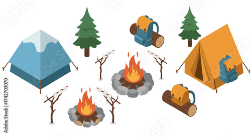 Isometric camping scene with tent, campfire, backpack, and pine trees