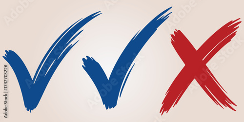 Three Hand- Drawn Check Marks and Cross Marks in Blue and Red Colors Keywords: check mark, cross mark, tick, x, correct, incorrect, yes, no, decision, choice, approval