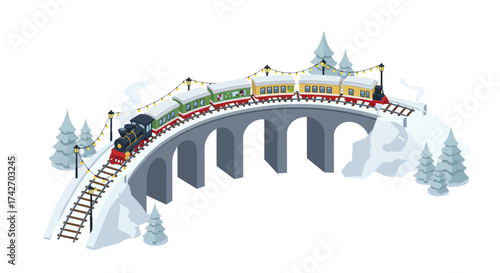 Festive train journey across snowy bridge in winter wonderland