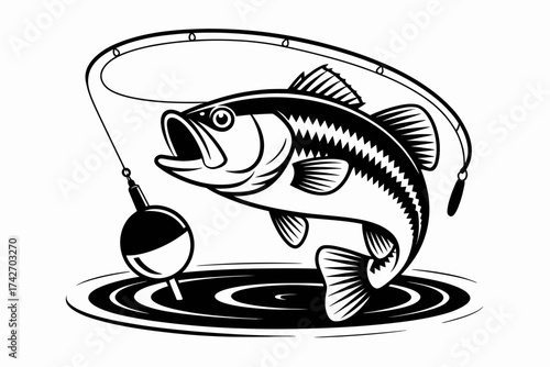 Black and White Fishing Bass Leaping Out of Water with Bobber jumping