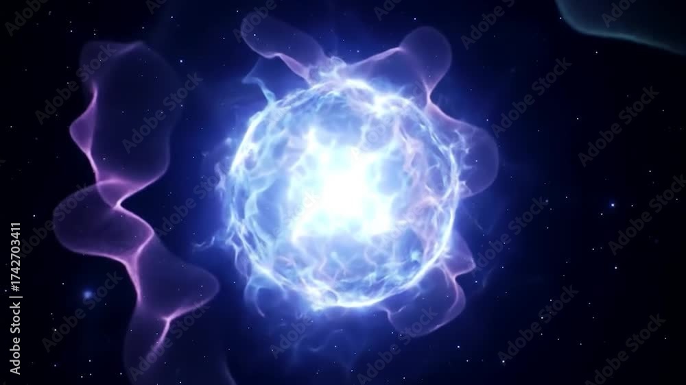 Abstract illustration of a vibrant glowing energy sphere with surrounding plasma against a dark backdrop