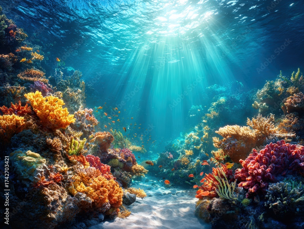 Naklejka premium Sunbeams pierce through the crystal clear turquoise water illuminating a vibrant coral reef teeming with colorful marine life and aquatic plants.
