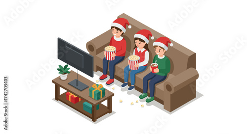 Kids in santa hats watching movies with popcorn on a cozy sofa