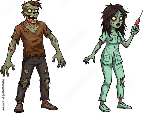 Cartoon zombie nurse character with syringe, creepy undead female doctor, scary male zombie monster, horror Halloween illustration, spooky fantasy design, cad drawing flat vector illustration