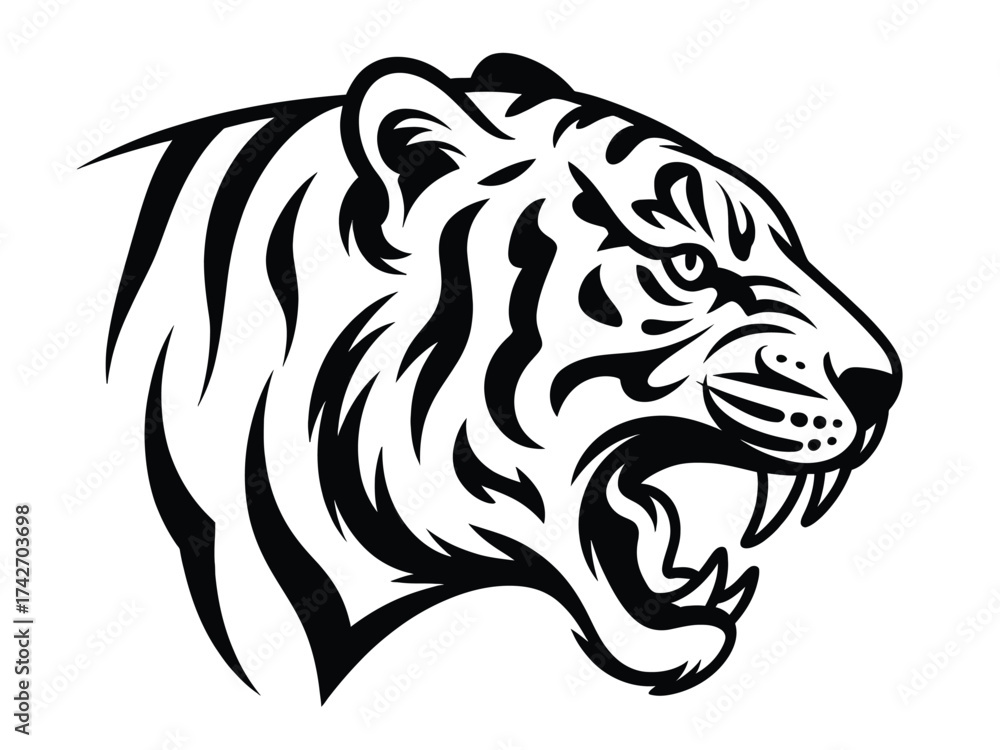 Fototapeta premium Black and white tiger head illustration roaring with sharp teeth on white background vector