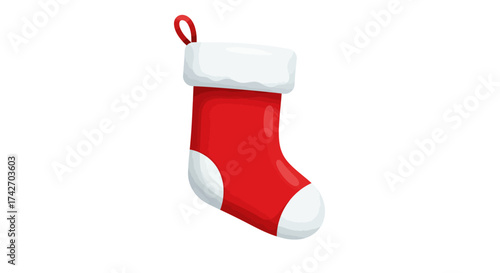 Festive red christmas stocking with white cuff and hanging loop isolated on w…