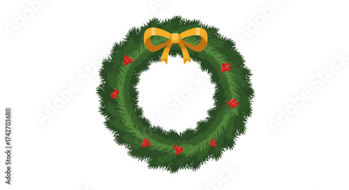 Festive christmas wreath with bow and holly on white background