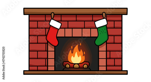 Cozy christmas fireplace with red and green stockings on brick wall