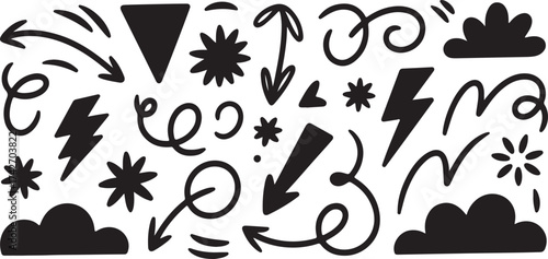 Black Hand Drawn Doodle Icons Featuring Arrows Clouds Lightning Bolts Stars and Swirls vector illustration