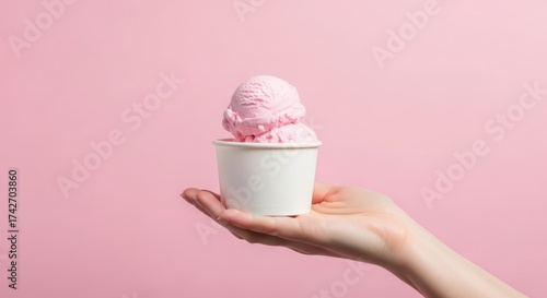 Hand holding a cup of pink ice cream on a pink background, studio shot