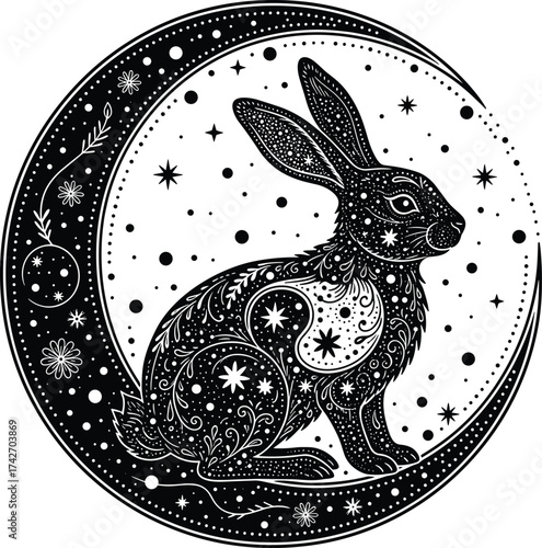 Celestial rabbit in crescent moon, mystical animal silhouette, cosmic stars vector, decorative line art, fantasy nature design, black and white illustration
