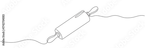 Continuous one-line drawing of a rolling pin for baking bread on a white background. Editable line