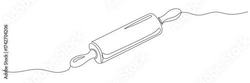 Continuous one-line drawing of a rolling pin for baking bread on a white background. Editable line