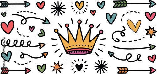 Doodle Elements Featuring a Crown Arrows Hearts and Starbursts on White Background king queen
