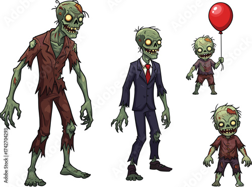 Cartoon zombies including child with balloon, creepy undead monster family illustration, horror Halloween artwork, spooky scary design for dark fantasy theme, cad drawing flat vector illustration