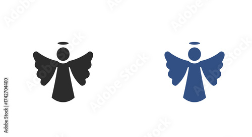 Minimalist angel icons with halo and wings in black and blue silhouette