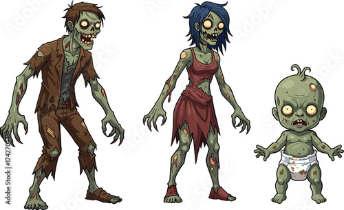 Cartoon zombies including male female and baby, creepy undead monster illustration, horror Halloween artwork, spooky scary design for dark fantasy theme, cad drawing flat vector illustration