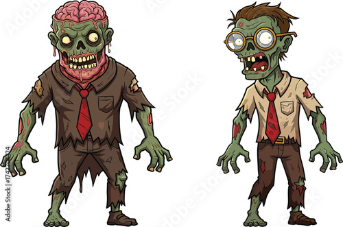 Cartoon zombies including businessman with exposed brain and nerd with glasses, creepy undead monster illustration, horror Halloween artwork, spooky scary design, cad drawing flat vector illustration
