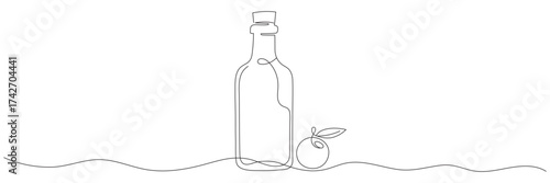 Continuous one-line drawing of olive oil in a glass bottle, vector illustration. Olive oil in continuous line drawing style. Editable line