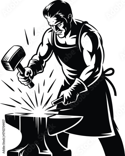 Silhouette of a blacksmith hammering metal on an anvil with sparks on a white background metalworker