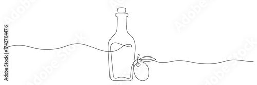 Continuous one-line drawing of olive oil in a glass bottle, vector illustration. Olive oil in continuous line drawing style. Editable line