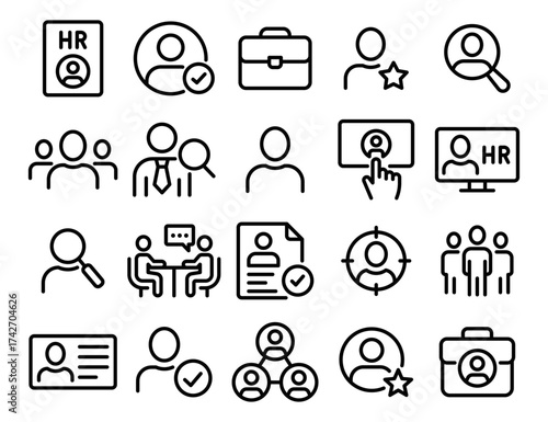 A collection of icons for HR, including a person with a magnifying glass, a person with a pen, and a person with a computer. Vector. Editable Stroke.