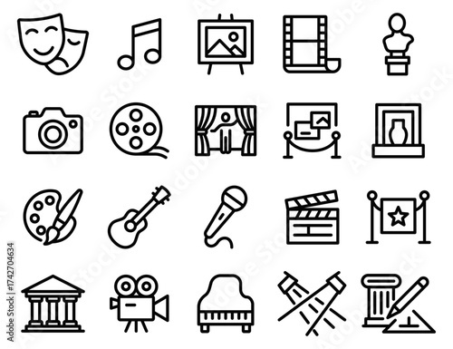 A black and white image of a camera, microphone, and other movie related icons. Concept of a movie set or a recording studio. Vector. Editable Stroke.