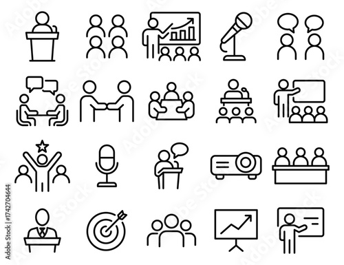 A collection of icons depicting various office and meeting room scenes. The icons include a microphone, a podium, a chair. Vector. Editable Stroke.