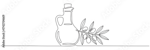 Continuous one-line drawing of olives with leaves and olive oil in a glass bottle, vector illustration. Olive oil in continuous line drawing style. Editable line