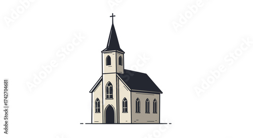 Charming hand-drawn church with steeple and arched windows on white background
