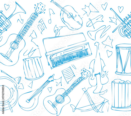 Blue Musical Instruments Doodle Guitars, Piano, and Drums Creating a Harmonious Background