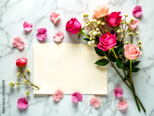 A blank paper card by a bouquet of pink and magenta roses on marble.