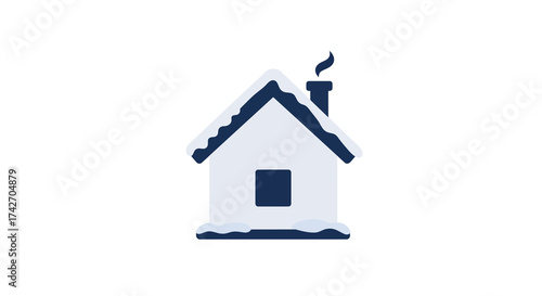 Simple snowy winter cottage icon with chimney