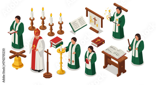 Isometric collection of clergy and church elements for religious ceremonies