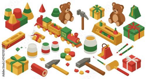 Festive toy workshop isometric set with gifts, tools, and teddy bears
