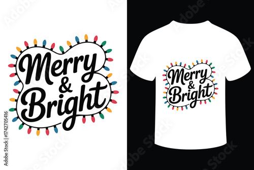 Merry and bright christmas heart with lights t shirt design